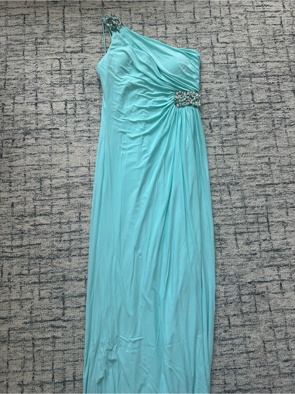 One-Shoulder Tiffany’s blue Evening Gown with Beaded Waist detail